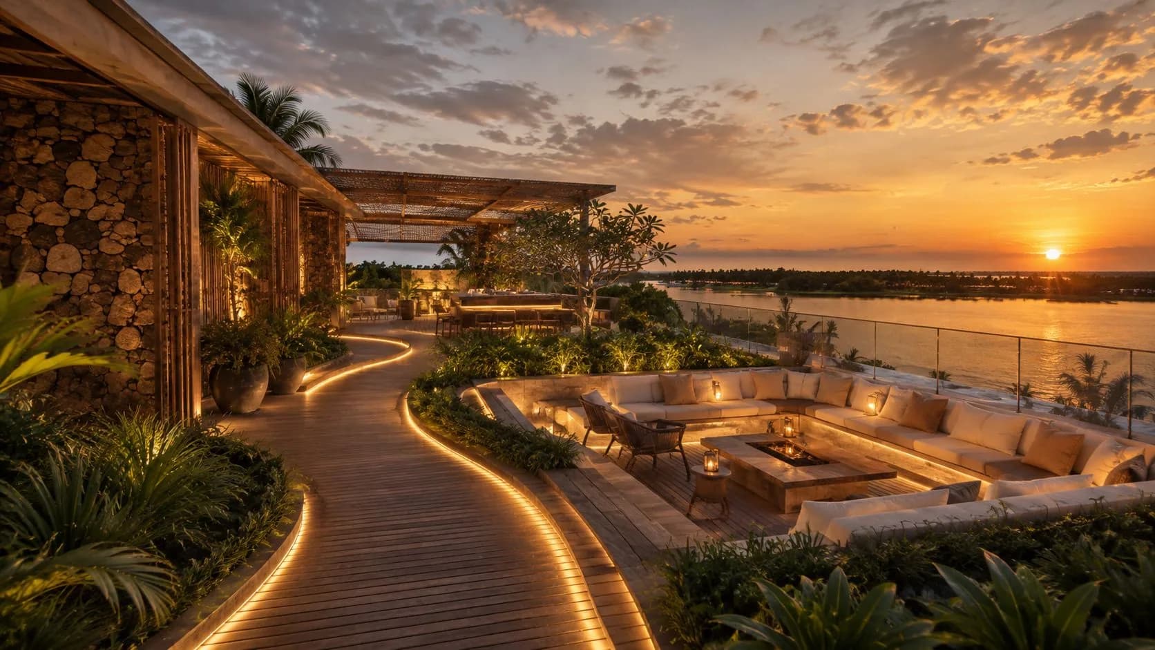 Aaru's rooftop bar at sunset with panoramic ocean views