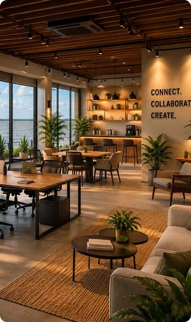 Aaru's co-working space with lounge seating