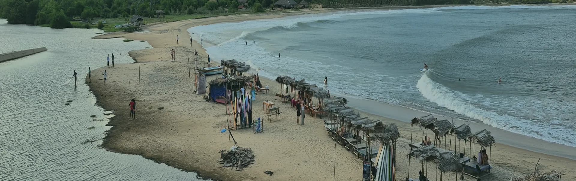 Aerial view of Arugam Bay's coastline and lagoon