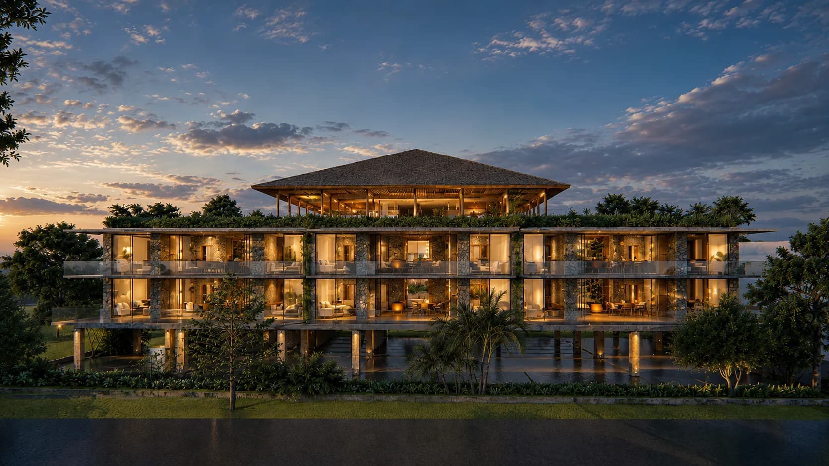 Condos building exterior with pool