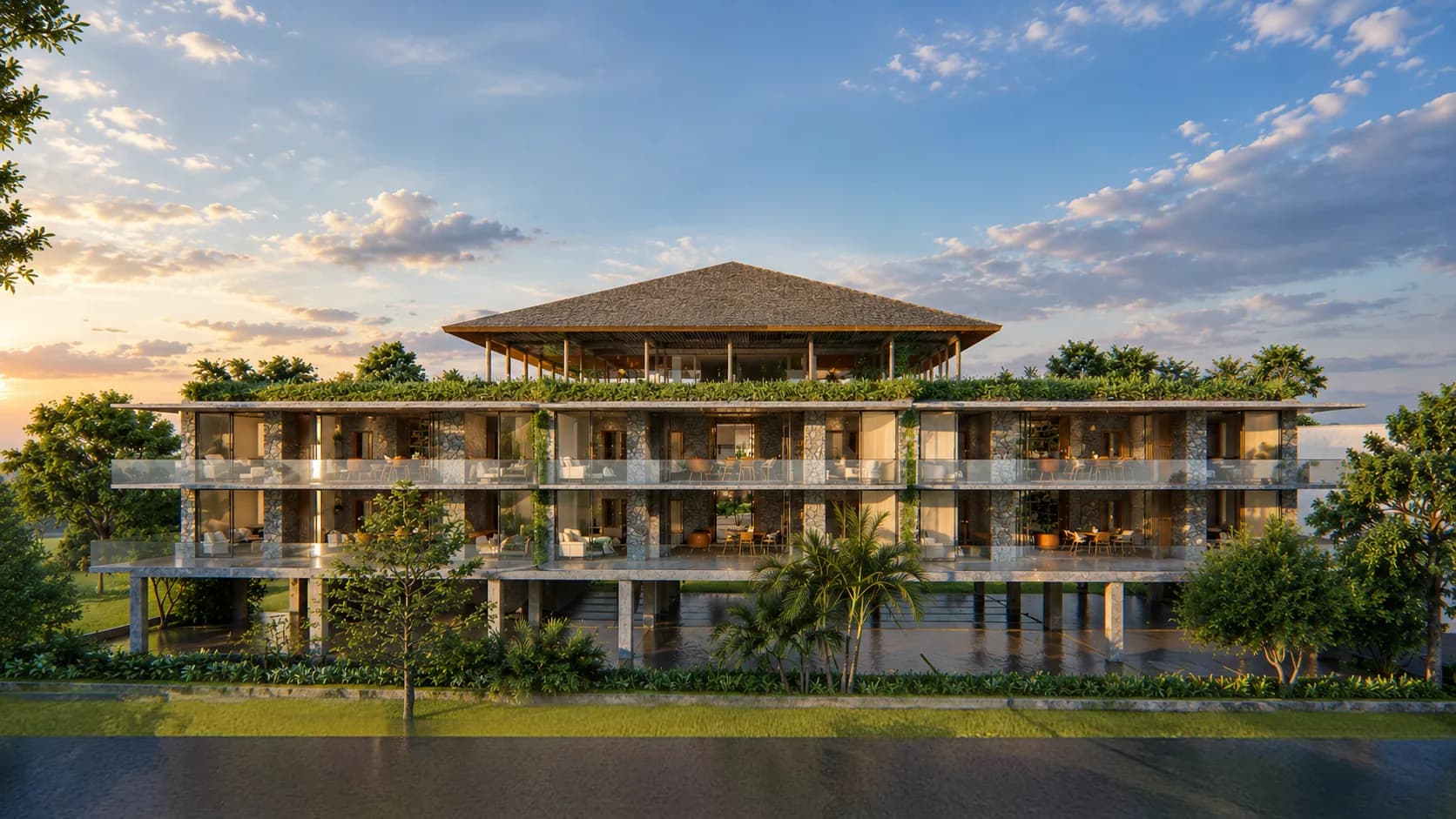 Condos building exterior with pool