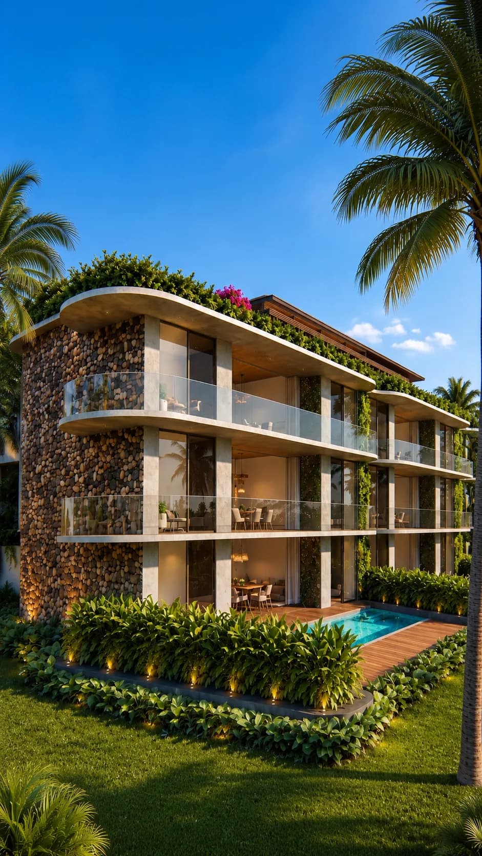 Garden Condos at sunset with private pools