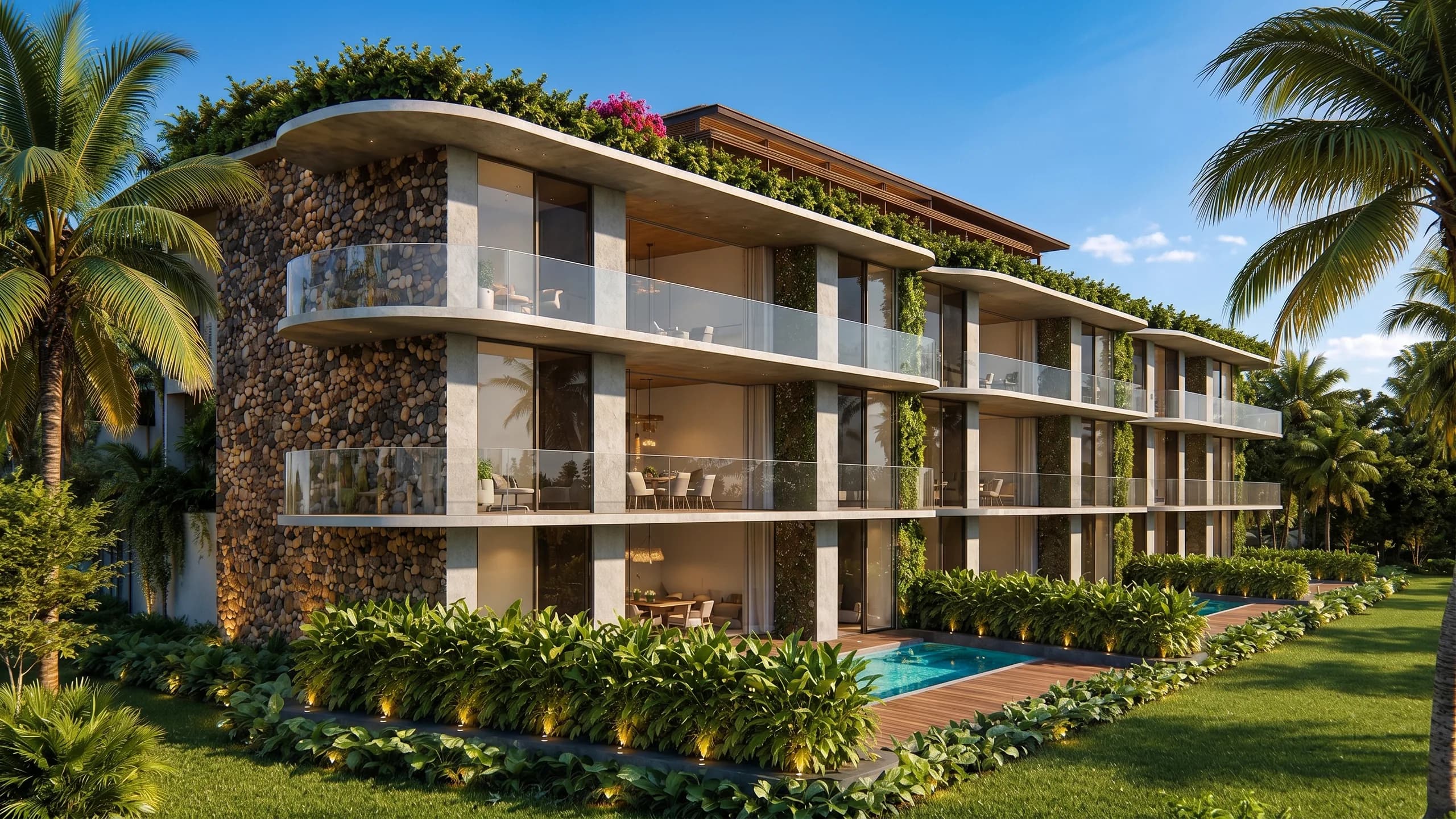 Garden Condos at sunset with private pools