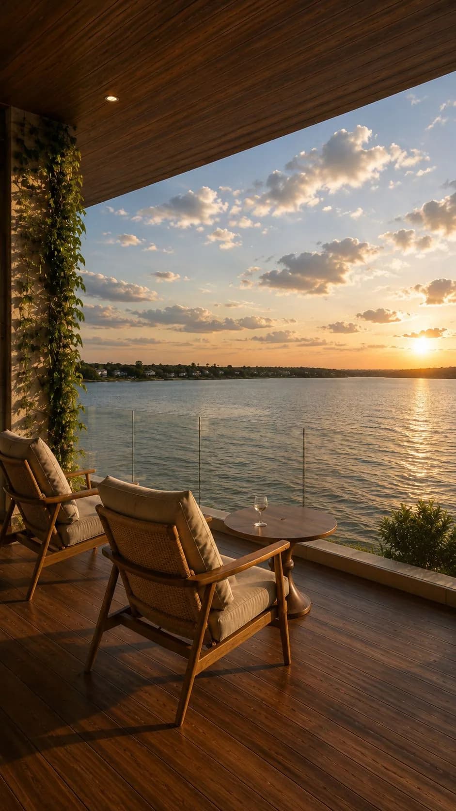 Aaru's residences along the coastline at sunset